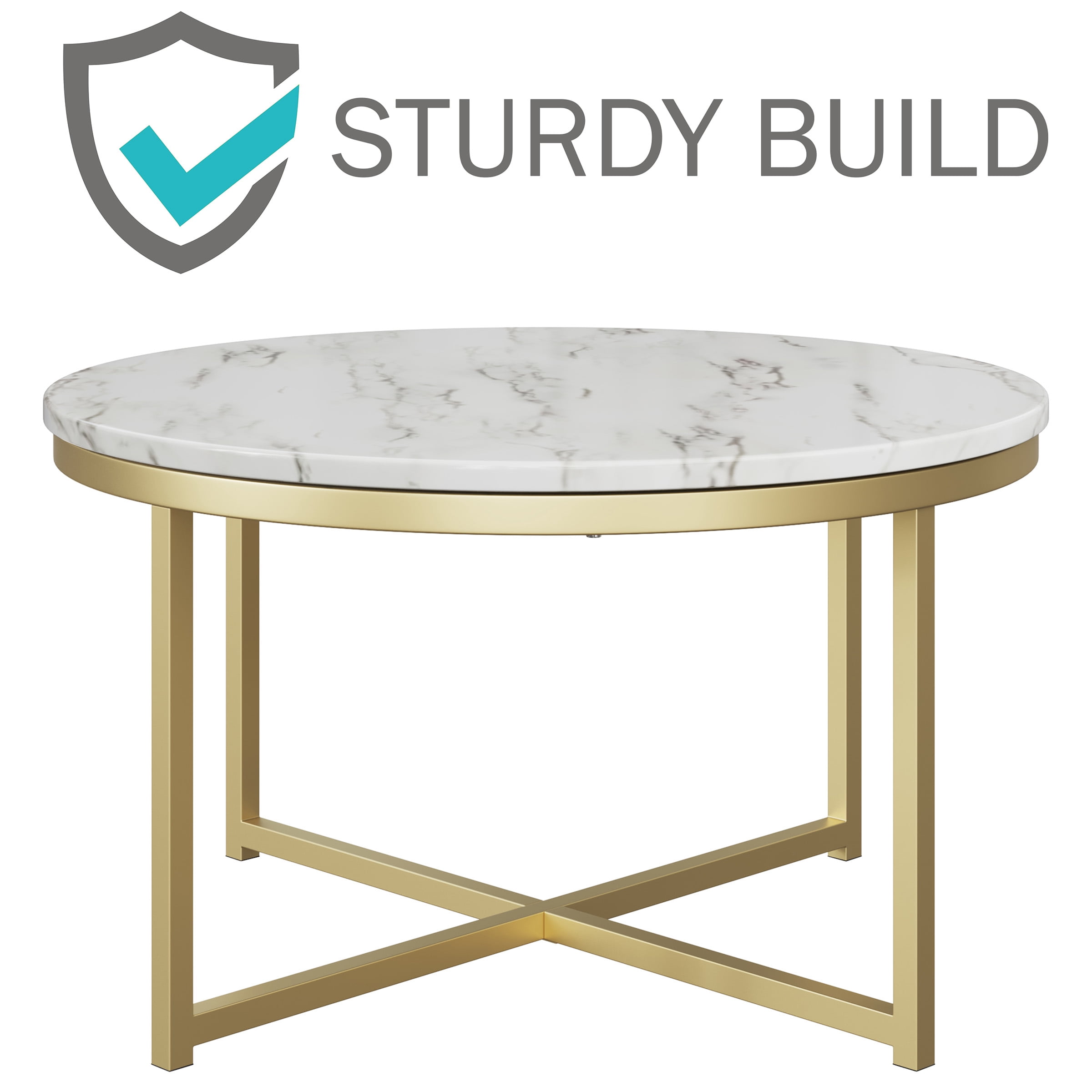 Lavish Home Round Coffee Table for Living Room, Faux Marble Top Center Table with Metal Crossbeam Base, White/Gold
