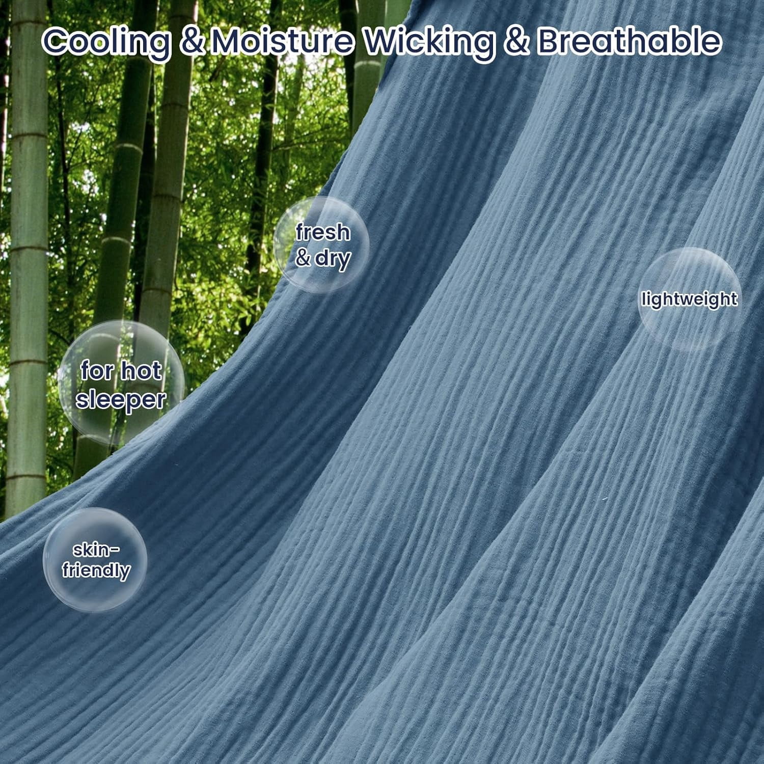 PHF Cooling Muslin Twin Blanket for Hot Sleepers, 4-Layer Breathable Bamboo Rayon & Cotton Gauze, Lightweight Summer Blanket for Bed or Couch, 66" x 90", Prussian Blue