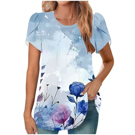 Patlollav Womens Summer Tops Casual Short Short Sleeve T Shirts Pleated Tunics Round Neck Work Blouse