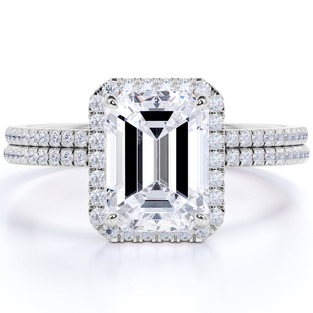 JeenMata 1.50 Carat emerald cut Moissanite Halo Bridal Set in 18k White Gold Over Silver