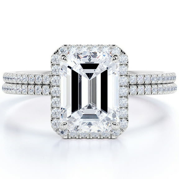 JeenMata 1.50 Carat emerald cut Moissanite Halo Bridal Set in 18k White Gold Over Silver