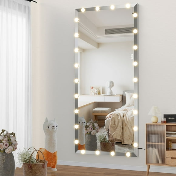 A2ZHOME 72x32 Inch Oversized Vanity Mirror with 3 Color Modes – Lighted Standing Floor Mirror for Dressing Room, Bedroom, Hotel, Silver (asPic)