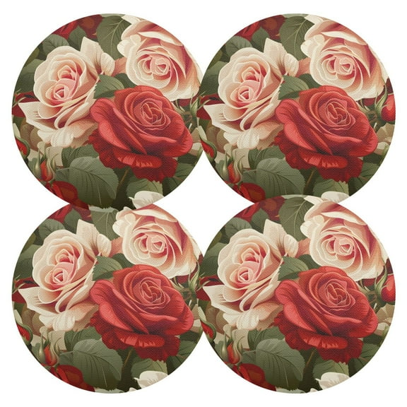 Ryvnso Luxury Roses Flower Round Plate Mats Dining Table Placemat Set of 4 for Holiday Decoration