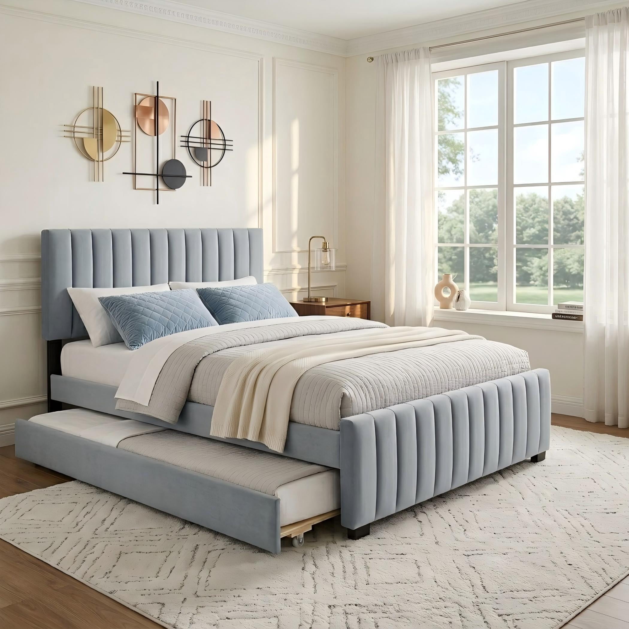 Aukfa Queen Size Upholstered Bed Frame with Twin XL Trundle, Velvet Tufted Headboard & Footboard, Gray