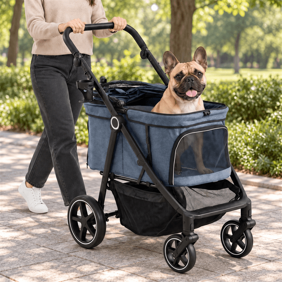 BELNEST Pet Stroller with Adjustable Handle for Dogs & Cats Up to 66 lb, One-Click Folding Dog Stroller with Storage Basket, Blue
