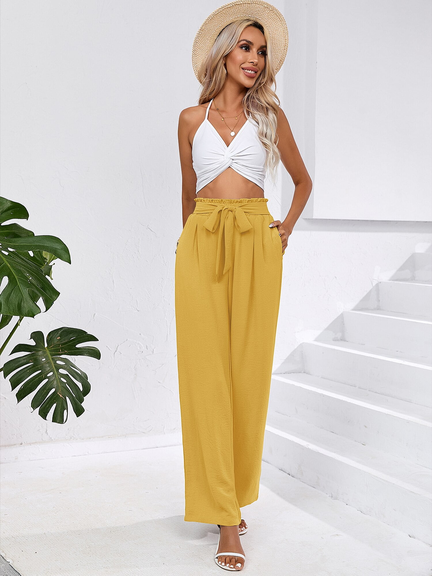 Mustard Wide Leg Pants Smart Casual Summer Outfits (10 ideas