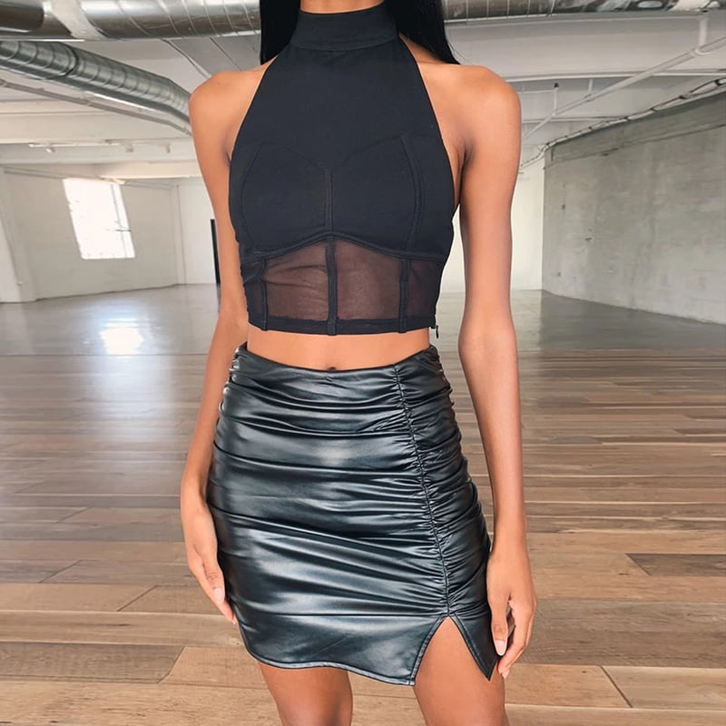 Anself Women Side Split Pencil Skirt Ruched Pu Leather Bodycon High