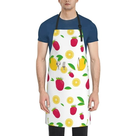 

Pofeuu Strawberry and Lemon Print Waterproof Apron with Pockets Adjustable Cooking Aprons Kitchen Bib for Baking Household Cleaning
