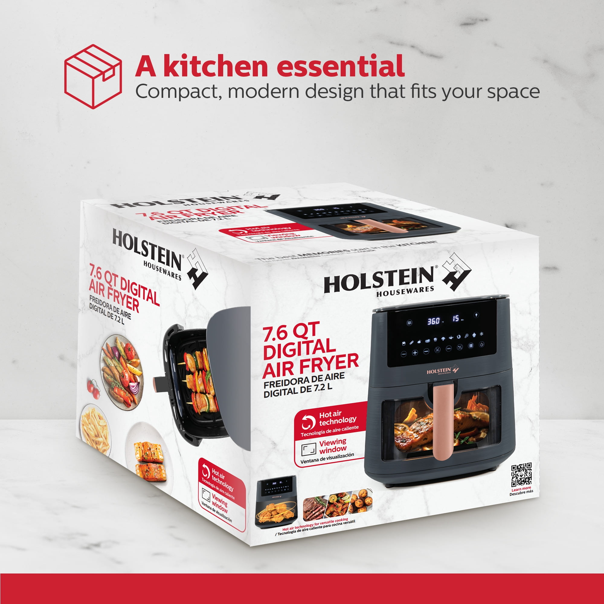 Holstein Housewares 7.6QT DIGITAL AIR FRYER ROSE GOLD – Large Capacity, LED Touchscreen, Viewing Window, 11 Presets, Preheat & Keep Warm Functions, Hot Air Technology for Healthier Cooking
