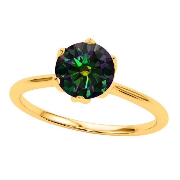 MauliJewels 2.00 Ctw Round Rainbow Green Moissanite Solitaire Engagement Ring for Women in 14K Yellow Gold Lab Created Gemstone Ring 6 Prong Setting