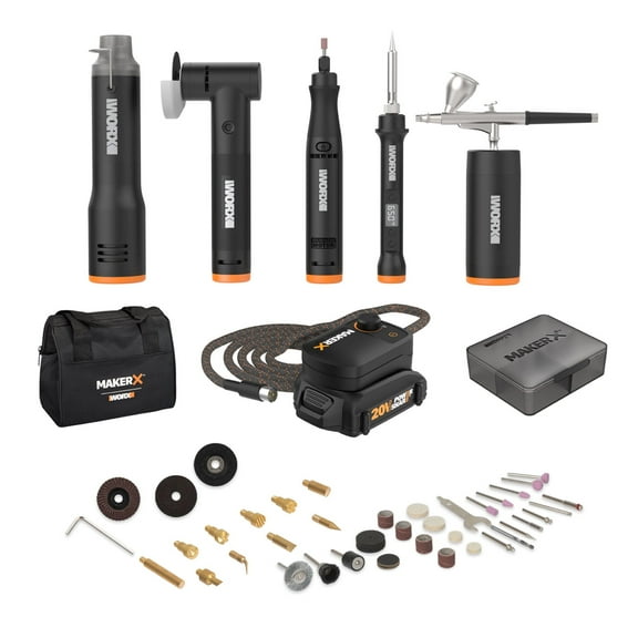 Worx MakerX WX997L 5 Tool Kit with Rotary Tool, Wood & Metal Crafter, Air Brush, Heat Gun, Grinder in Carry Bag (Battery and Charger Included)