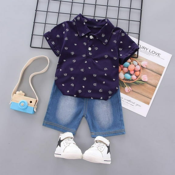 2 Pieces Crown Printed Polo Shirt & Jeans for Toddler Boy Dark Blue Set - 12-18 Months
