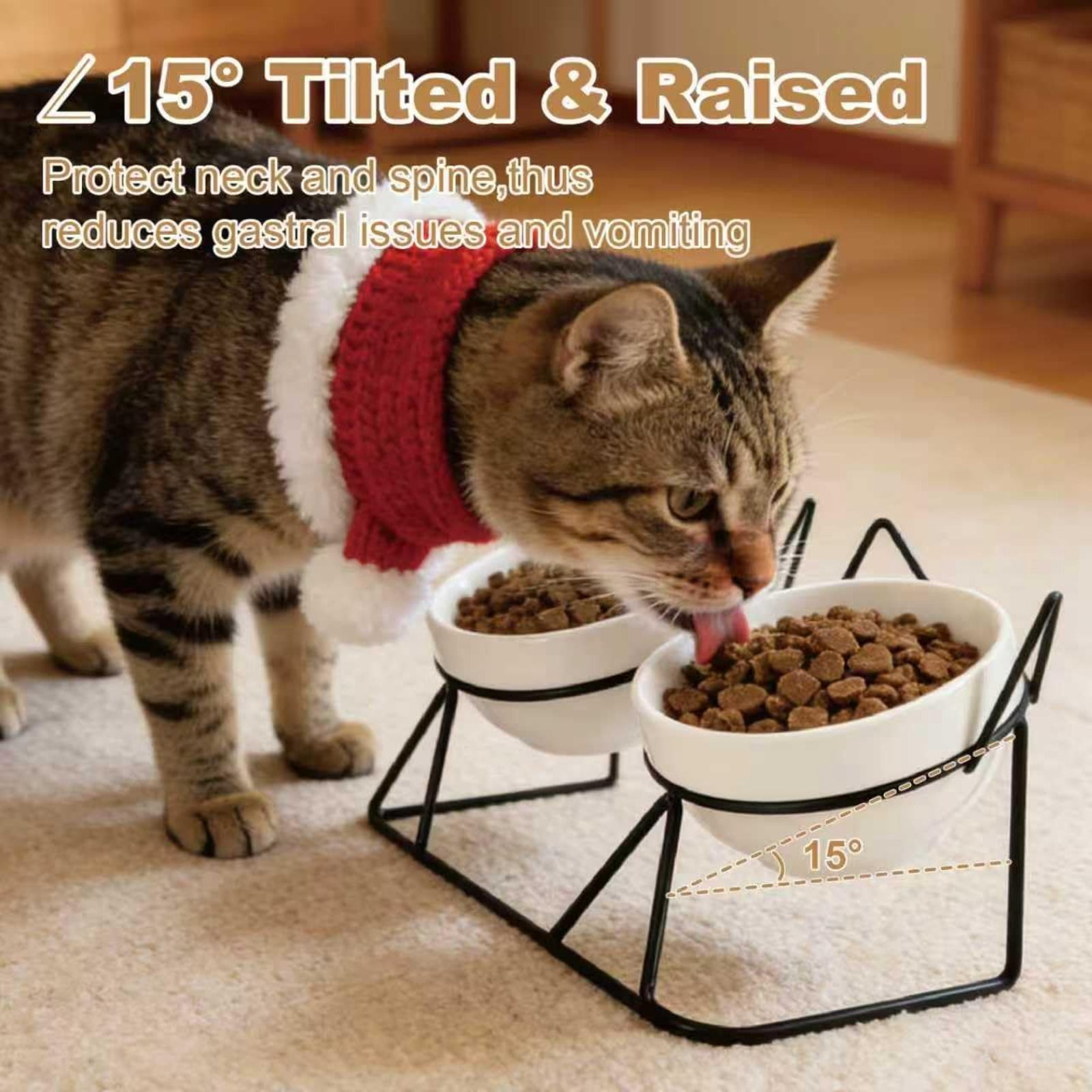 15° Raised Ceramic Cat Bowls, Anti-Vomiting Tilted Double Bowls with Absorbent Waterproof Pet Feeding Mat