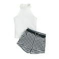 thumbnail image 2 of Toddler Girls Summer Outfits, Sleeveless Ribbed Solid Color Stand-Up Collar Tops + Houndstooth Short Pants + Waist Belt, 2 of 10