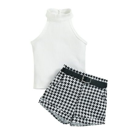 

jaweiw Toddler Girls Summer Outfits Set Sleeveless Ribbed Solid Color Stand-Up Collar Tops + Houndstooth Short Pants + Waist Belt