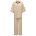thumbnail image 5 of 2 Piece Outfit for Women Stand Collar Half Zip 3/4 Batwing Sleeve Blouse Matching Wide Leg Pants Solid Linen Look Casual Travel Suit for Spring Summer Vacation Daily Wear, 5 of 5