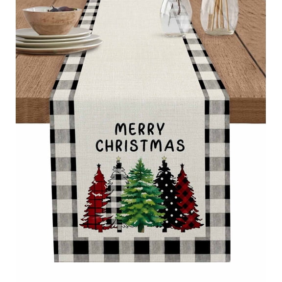 Christmas Tree Table Runner 72 Inches, Red Green Xmas Tree Black Plaid Bed Runner Dresser Scarves Tabletop for Indoor Outdoor Parties/Ceremony/Banquet, 16" x 72"