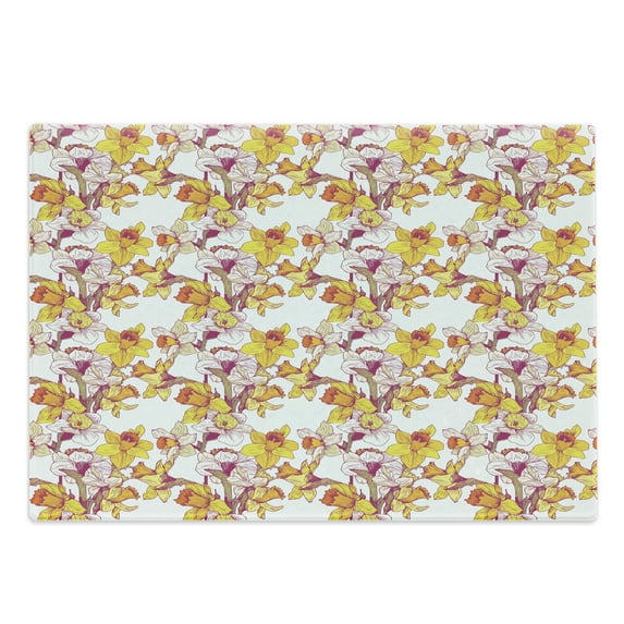 Daffodil Cutting Board, Complex Colorful Detailed Mixed Narcissus Flower 6 Petals Love Balance Painting, Decorative Tempered Glass Cutting and Serving Board, Large Size, Multicolor, by Ambesonne