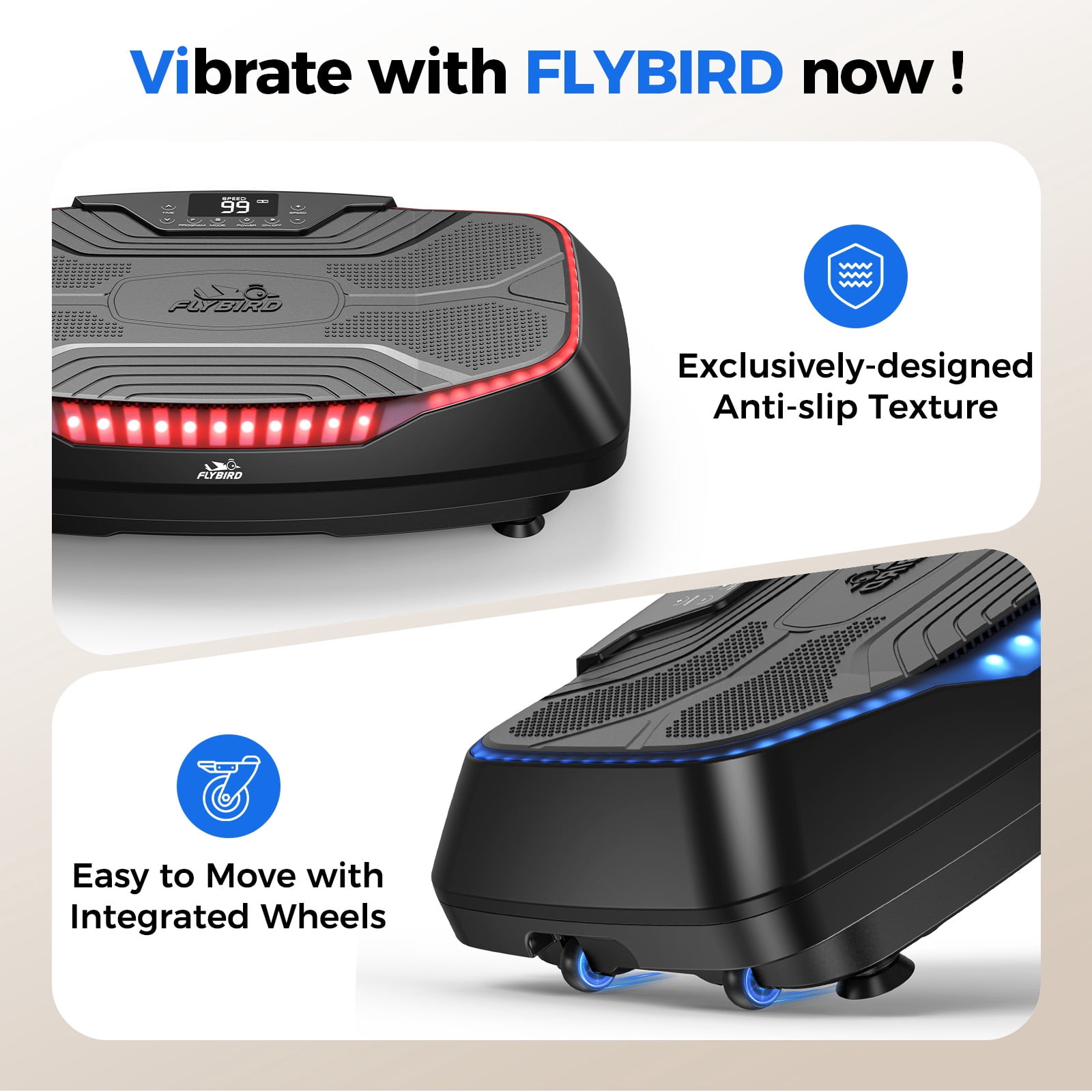 FLYBIRD 4D Vibration Plate: Triple Motors, 500lb Capacity - For Whole Body Vibration, Workout & Muscle Activation