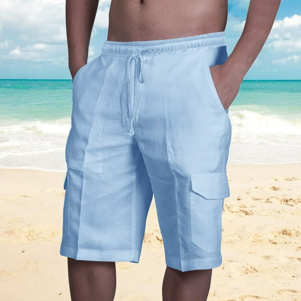 pstuiky Pantalones cortos para hombre, Pantalones cortos de verano para hombre, elásticos, con cordón y color liso, holgados e informales, para playa Pantalones cortos para correr para hombre