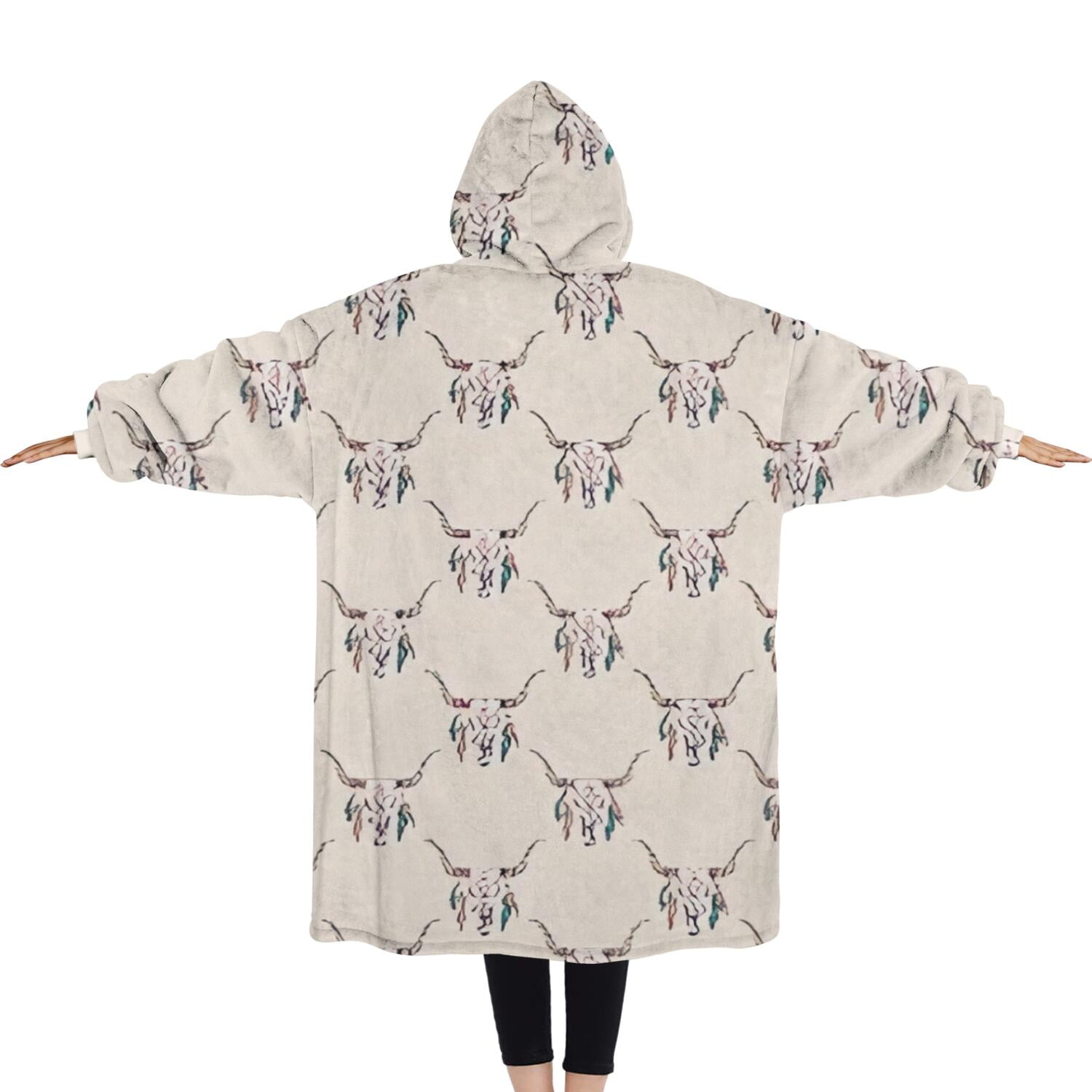 Oversized Wearable Blanket Hoodie,Beige Buffalo Skull Pattern Sherpa Blanket Hoodie with Super Pockets,Super Warm Fuzzy Pullover for Women & Men
