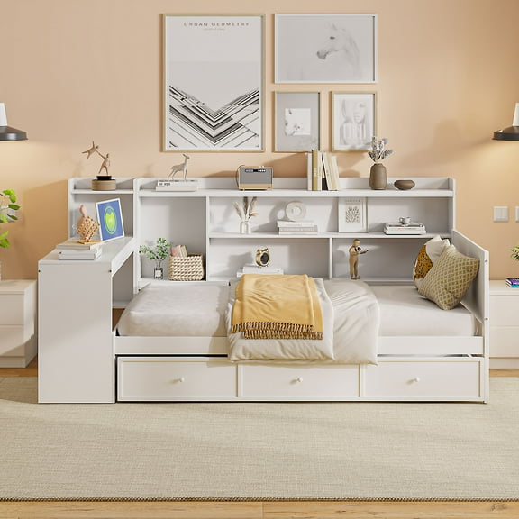 Twin Size Wooden Daybed With 3 Drawers, USB Ports and desk , White