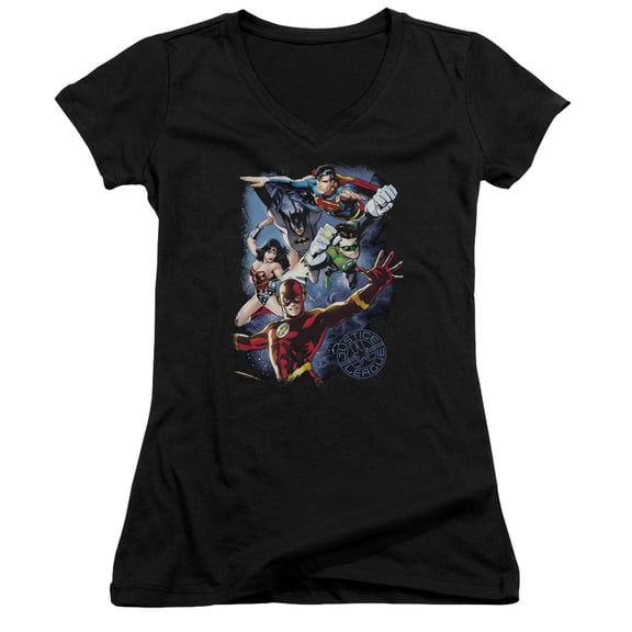JLA Justice League Galactic Attack CoLord of the Rings Junior Women's T-Shirt V-Neck Black