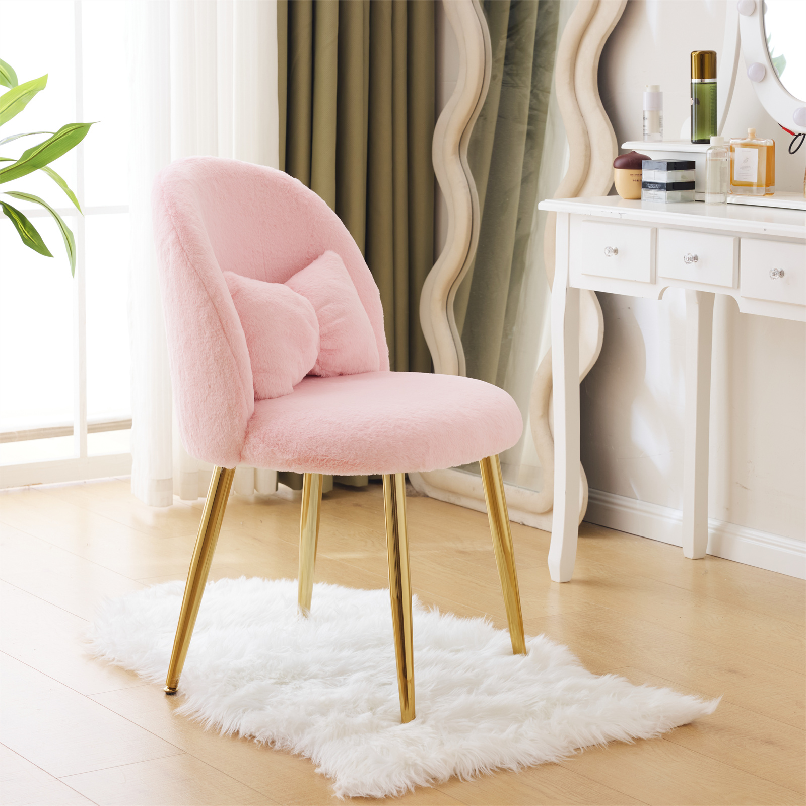 Ktaxon Vanity Makeup Chair Comfy Accent Chair Small Office Chair for Living Dining Room Bedroom Home Office Faux Rabbit Hair Pink