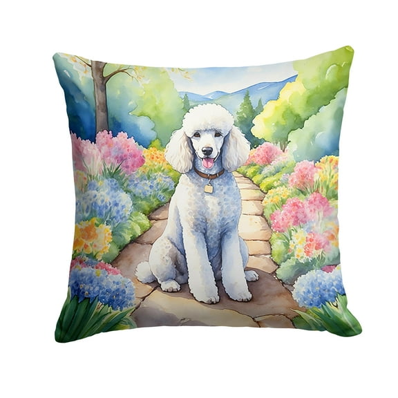 White Poodle Spring Path Throw Pillow 14 in x 14 in