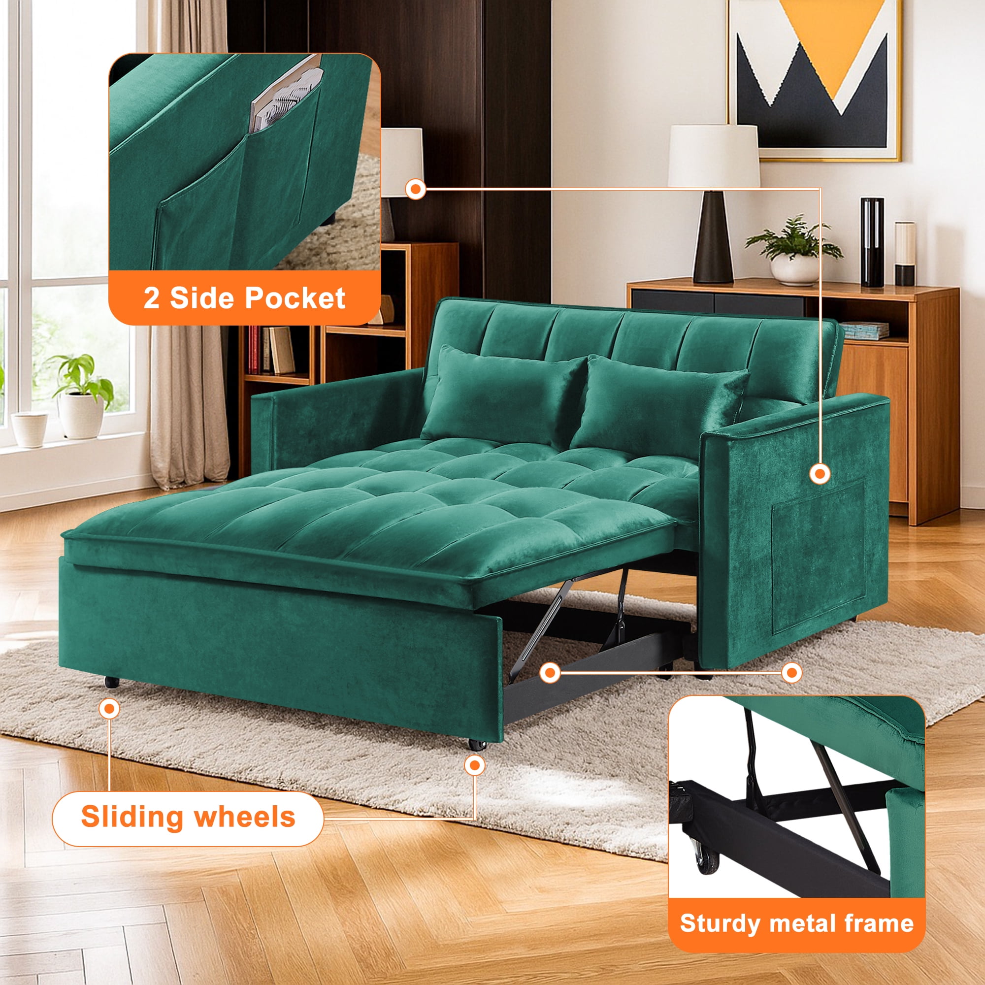 Demi Bonn 3 in 1 Convertible Sleeper Sofa Bed with Side Pocket, Adjustable Backrest Velvet Futon Couches for Living Room, Pull Out Couch, Loveseat, Green
