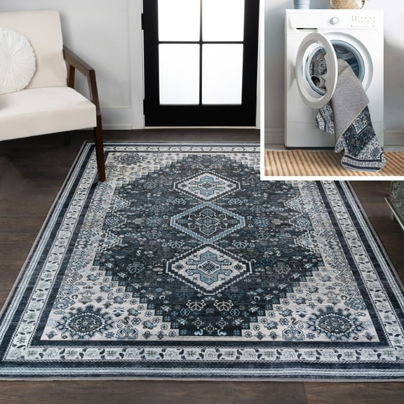 JONATHAN Y WASHABLE 3 x 5 Area Rug, Dalyan Geometric Medallions - Navy/Light Gray, WSH101D-3