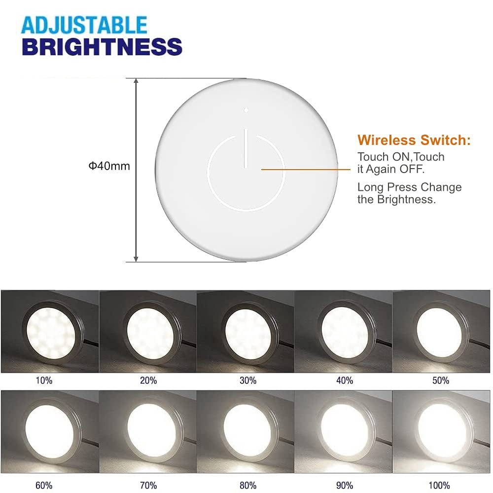 VST Under-Cabinet LED Lights, 2W (12W Total, 60W Equivalent), Wireless Dimmer Switch, Recessed or Surface Mount Puck Light for Kitchen, 4000K, 6 Pack，White