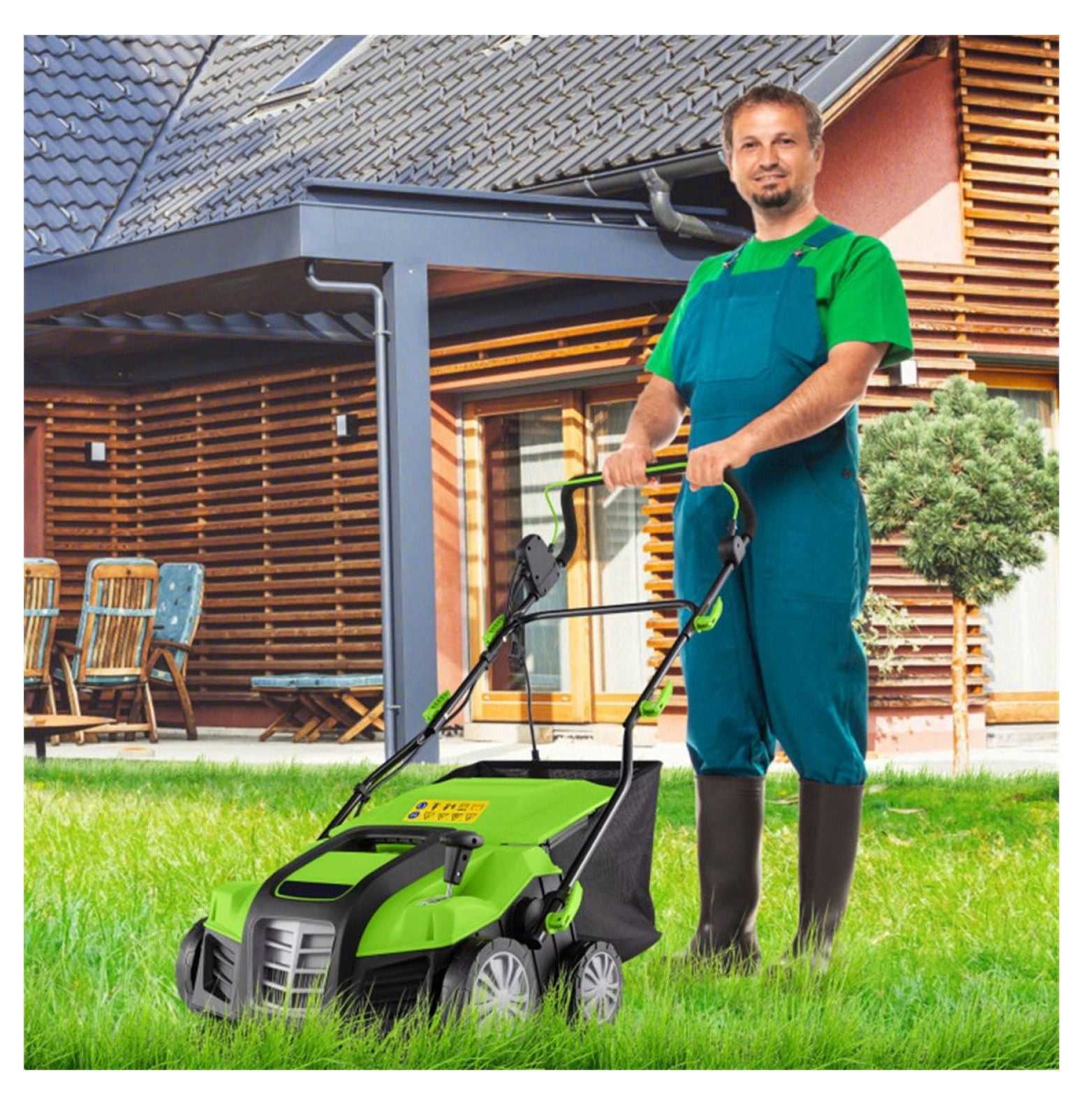 Electric Lawn Dethatcher, 16-Inch Corded Scarifier, 2-in-1 Adjustable Dethatcher with Grass Bag for Lawn Care - Green