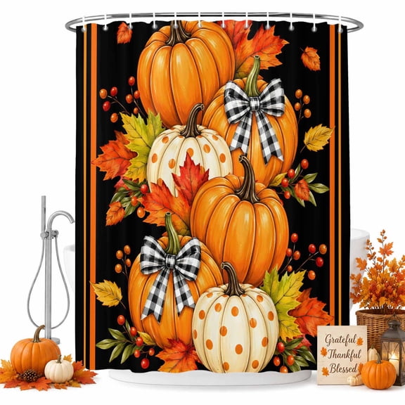 Halloween Shower Curtain Set with Hooks, Autumn Orange Polka Dot Bow Pumpkins Leaf Black Sturdy Water Repellent Shower Curtains for Bathroom Bathtub, Machine Washable 72x96 Inch