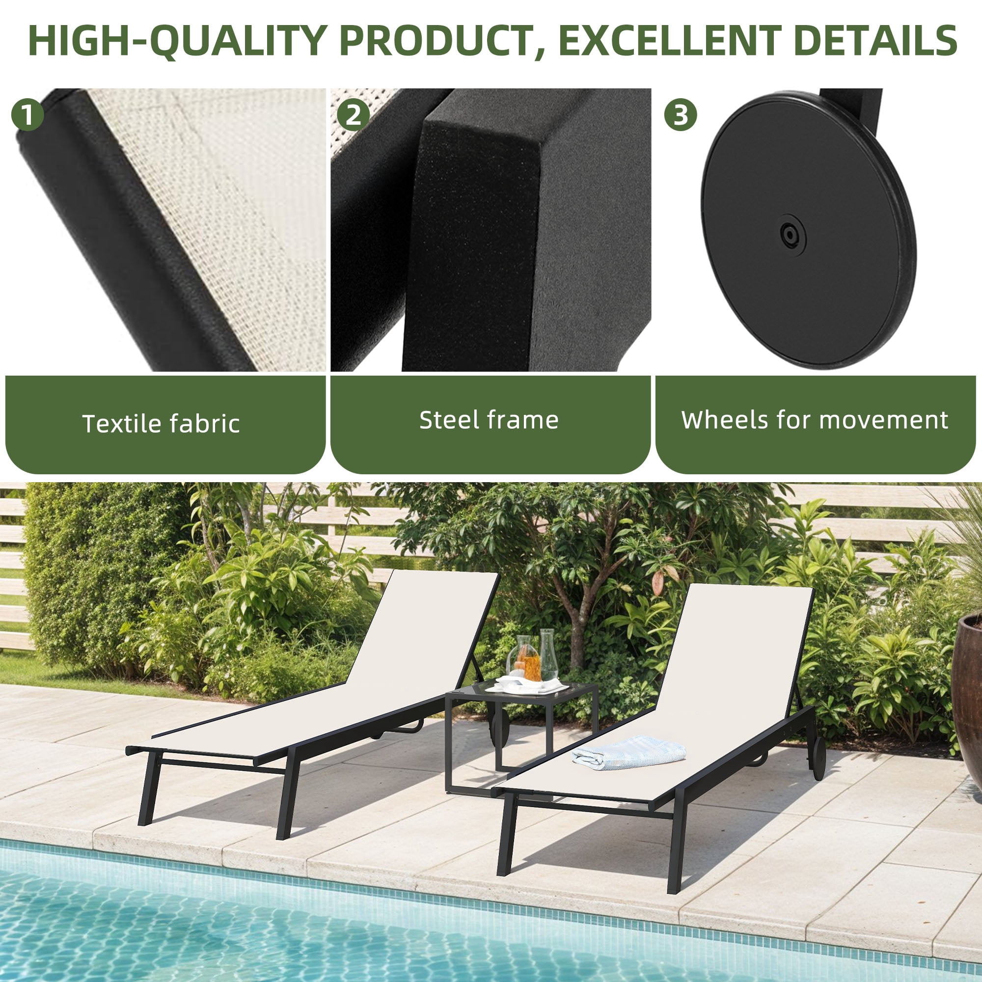 Uforic 3pcs Outdoor Chaise Lounge Set, 2 Adjustable Loungers with Side Table, Wheels, Beige