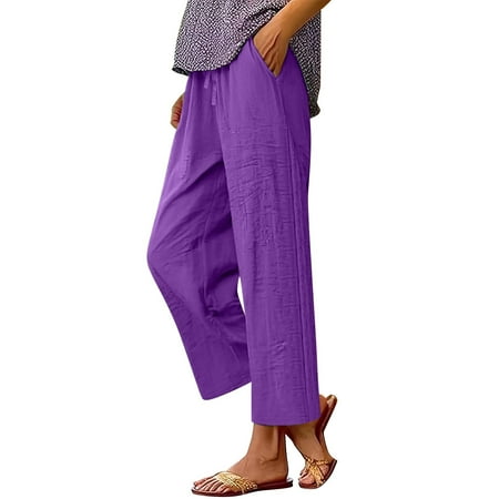 Comdrip Pants for Women Trendy Fashion Women Loose Solid Color Casual Wide Leg Pants Cotton Trousers Womens Flowy Pants Purple M