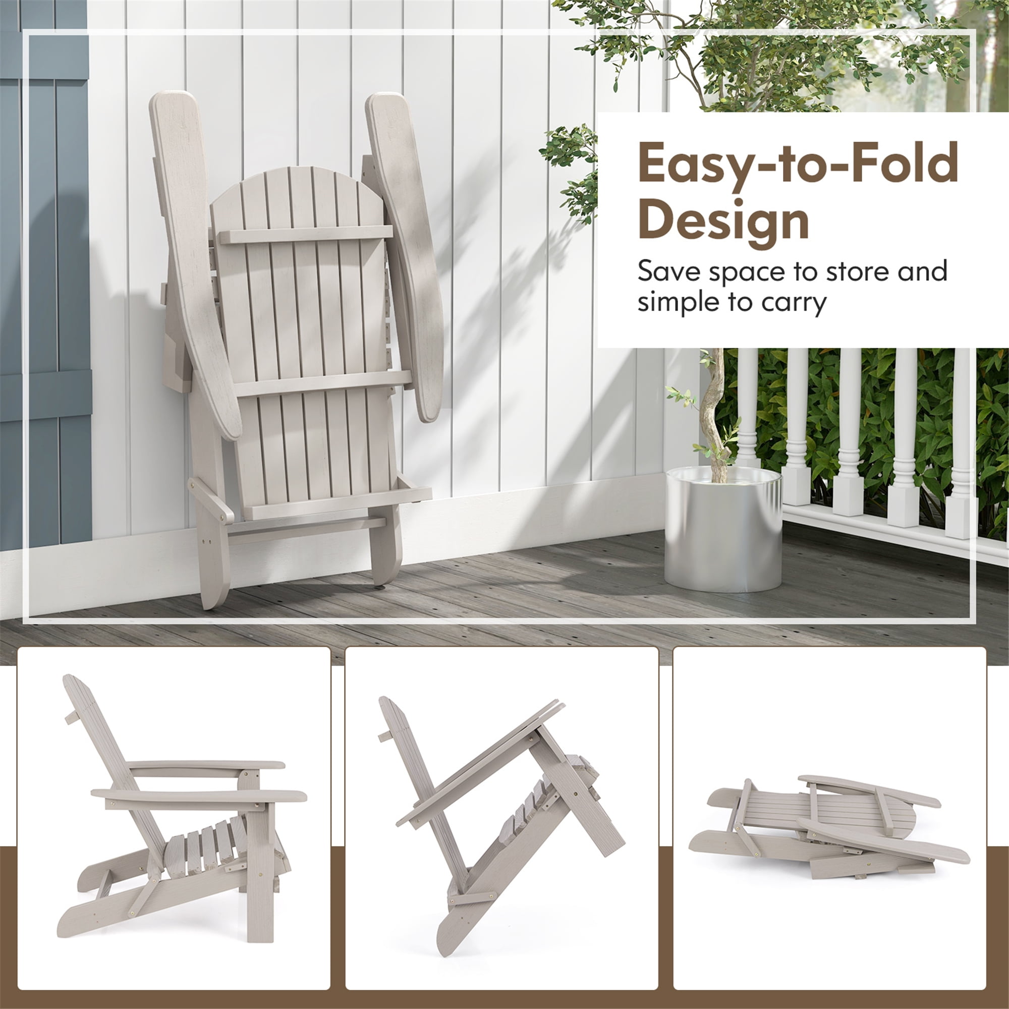 Gymax Folding Adirondack Chair Set of 2 w/ High Backrest & Wide Armrests Wooden Gray