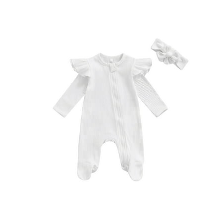 

Amuver 2Pcs Unisex Baby Fall Set Ribbed Long Sleeve Footed Romper + Hairband