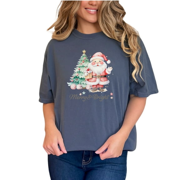 Merry & Bright, Christmas & Santa Art, Denim Comfort Colors T-Shirt, Small