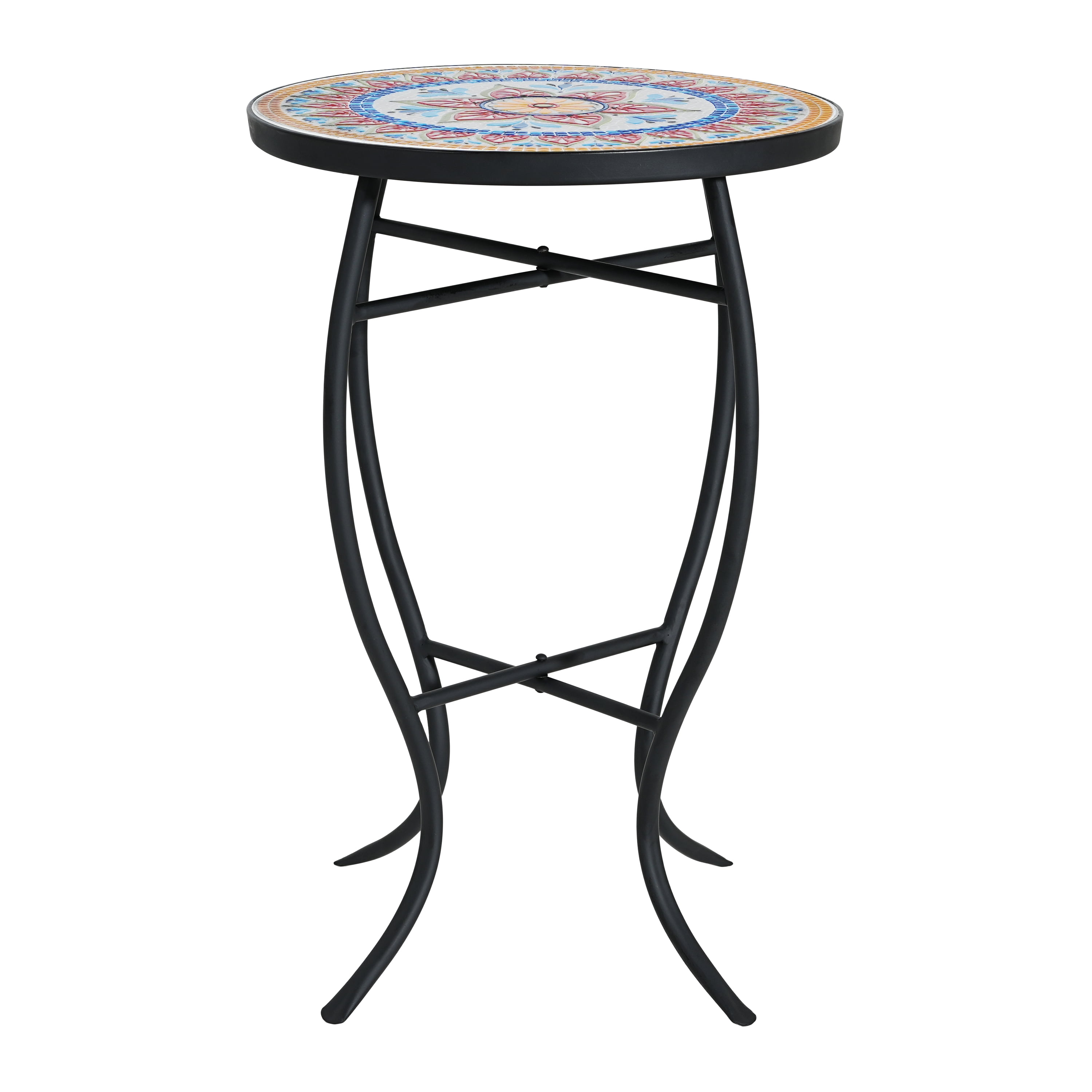 Outdoor Round Mosaic Top Iron Leg Side Table for Patio Garden, Red