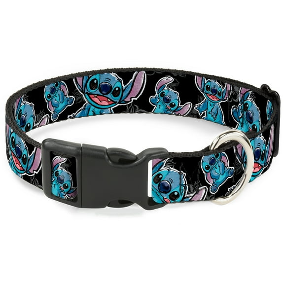 Disney Pet Collar, Dog Collar Plastic Buckle, Stitch Poses Hibiscus Sketch Black Gray Blue, 7 to 8.5 Inches 0.5 Inch Wide