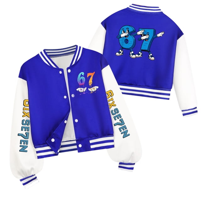 Veste de Baseball à Col Rond Imprimé 67 Mèmes pour Ki-ds, Haut à Manches Longues Décontracté Veste Bomber Ki-ds Vestes de Baseball Ki-ds Fils Fille Ajustée Veste Universitaire Cardigan Léger à Boutons 110 3-4 Ans (Bleu)