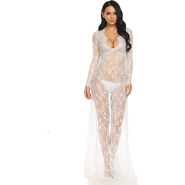 Jinsinto Robe de Maternité Photographie Bébé Baptême Longue Robe Lingerie Dentelle Florale Pyjama Ample Cache-Maillot Blanc 3TG