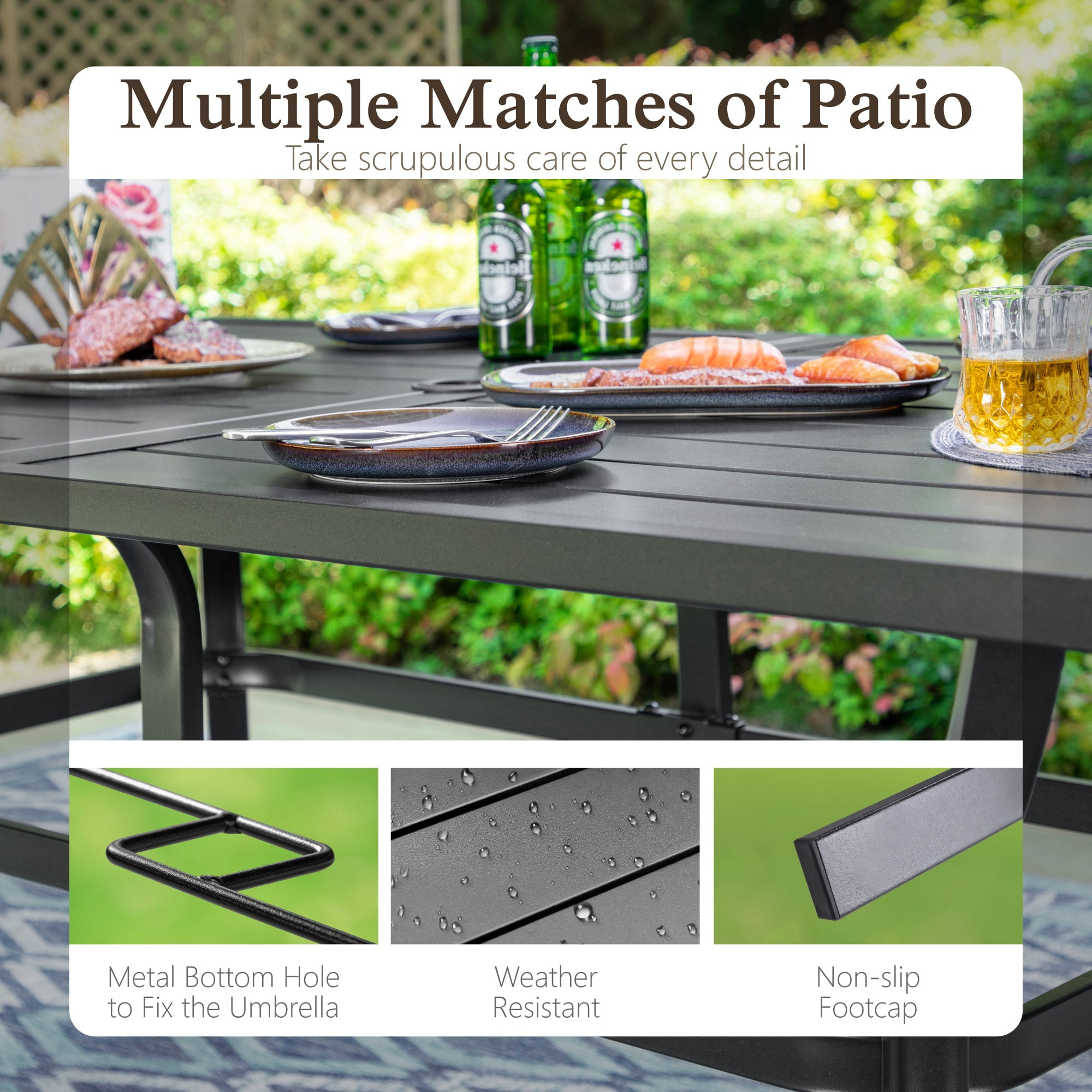 Sophia & William 7 Piece Metal Outdoor Patio Dining Sets with 1 Rectangular Table and 6 Textilene Swivel Chairs, Black