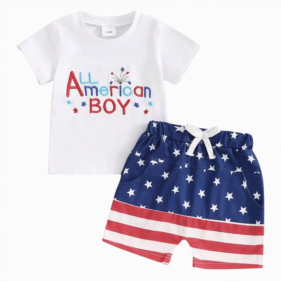 NOLDARES Baby Toddler Boy Independence Day Outfit Short Sleeve T-Shirt and Elastic Waist Shorts with Pockets Patriotic Flag Print 2Pcs Summer(Sky Blue,2-3 Y)