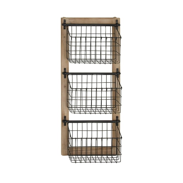 Decmode Industrial Wood And Iron 3 Tier Basket Wall Rack Black - Metal Basket Wall Shelf Decmode Industrial Wood And Iron 3 Tier Basket Wall Rack Black - Metal Basket Wall Shelf