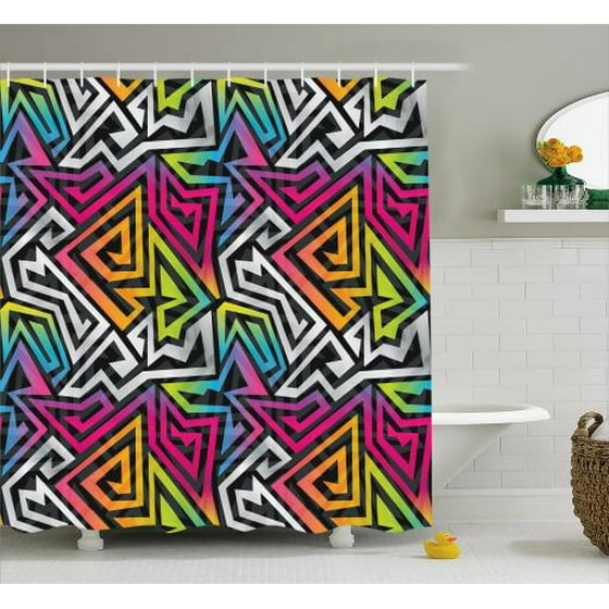 Urban Graffiti Shower Curtain Rainbow Colored Labyrinth Bold Lines Shaded Colorful Maze Inspired Pattern Fabric Bathroom Set With Hooks 69w X 75l