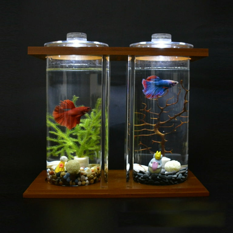 Ecological Fish Tank Dual Glass Desktop Mini DIY Goldfish Aquarium Creative  Bamboo Wooden Frame Durable LED Light Function Fully Transparent Design 