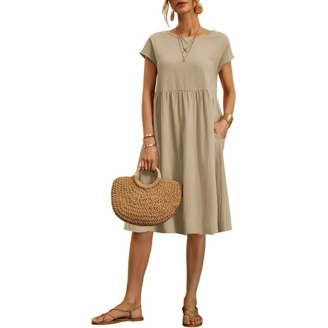 Robe de Plage Décontractée à Manches Courtes en Coton et Lin pour Femmes avec Poches