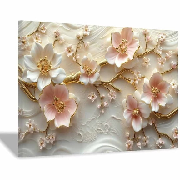 Mudket Pink White Cherry Blossom with Gold Branches Canvas Wall Art, Framed Floral Print, Ready to Hang Wall Decor for Bedroom Living Room, Luxury Artwork - 12"L x 8"W